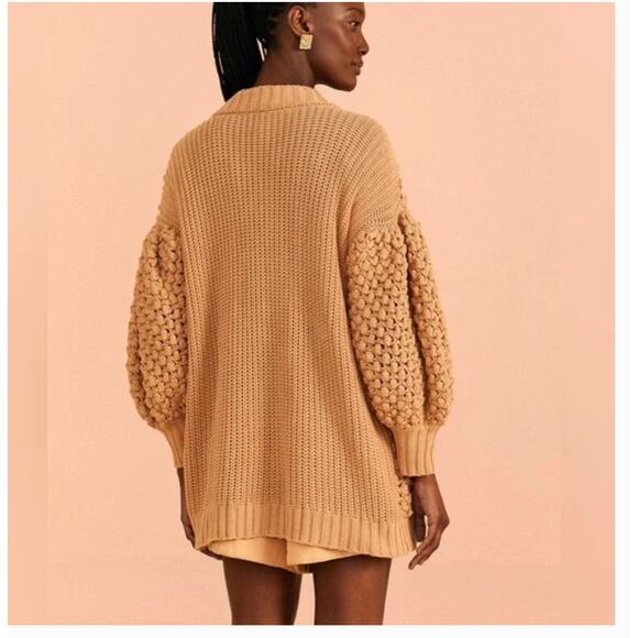 FARM RIO Dark Sand Handmade Dots Knit Cardigan XS Sweater Oversized Tan Beige - Picture 4 of 8